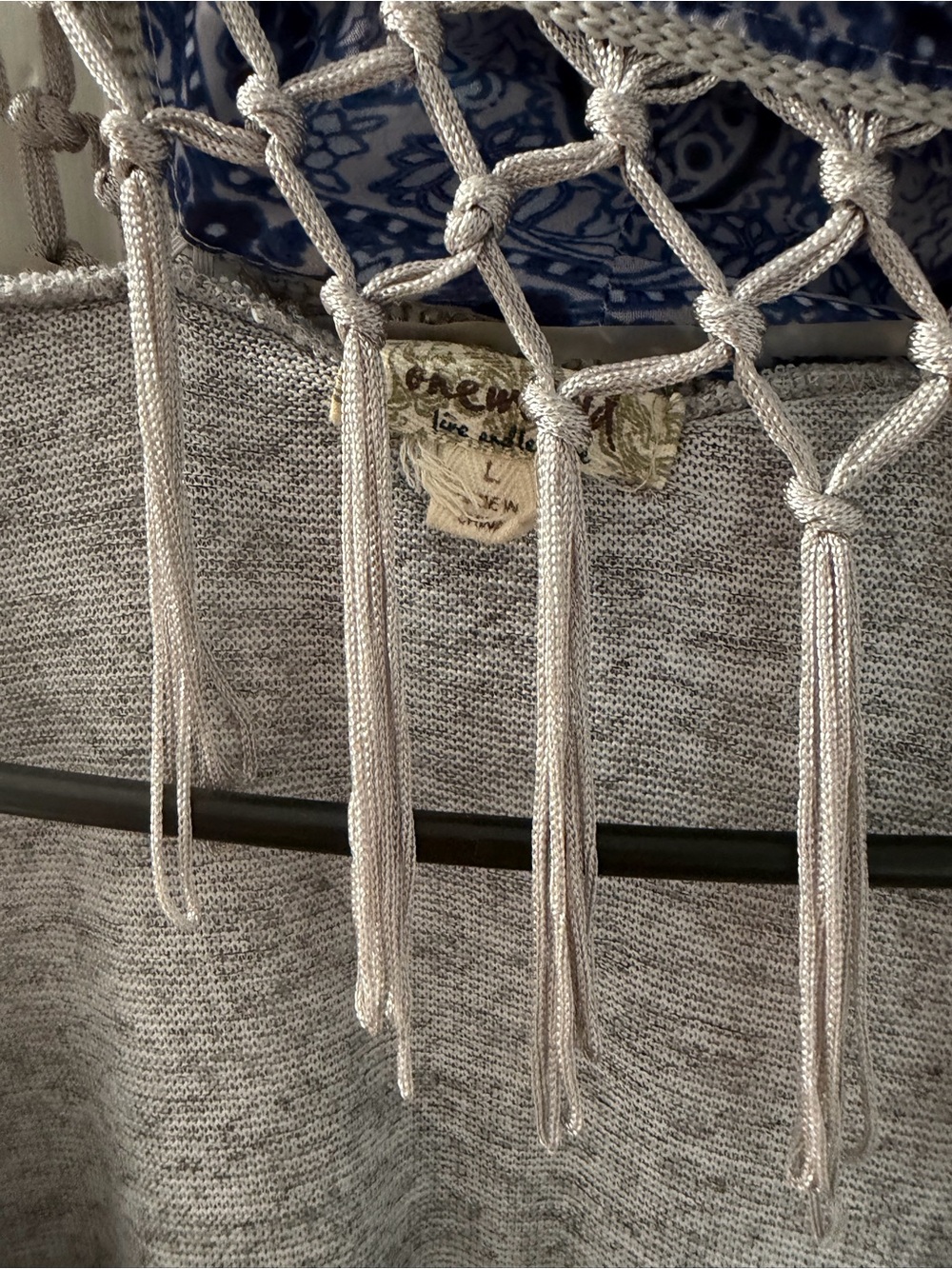 ONE WORLD Gray Top with Blue Paisley Trim and Fringe Scarf - Picture 3 of 3